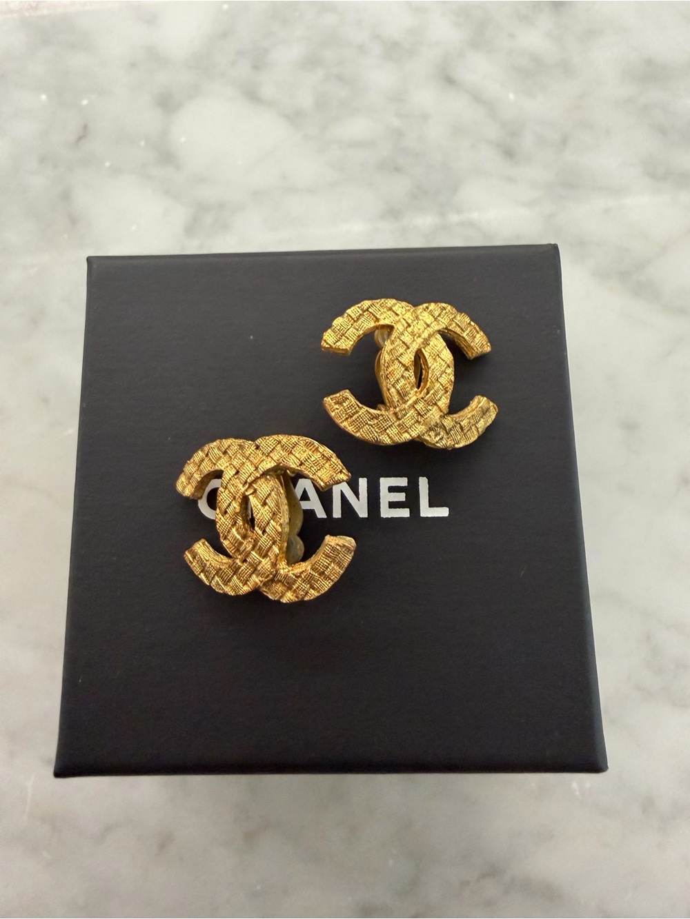 Vintage CHANEL Gold CC Logo Clip-On Earrings - Textured finish